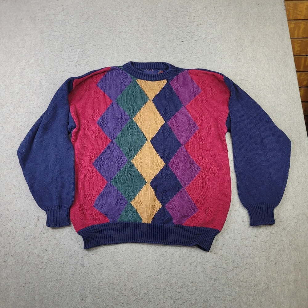 Vintage 90s Old Glory Sweater Mens Small 3D Knit Colorful Pulover Made in USA